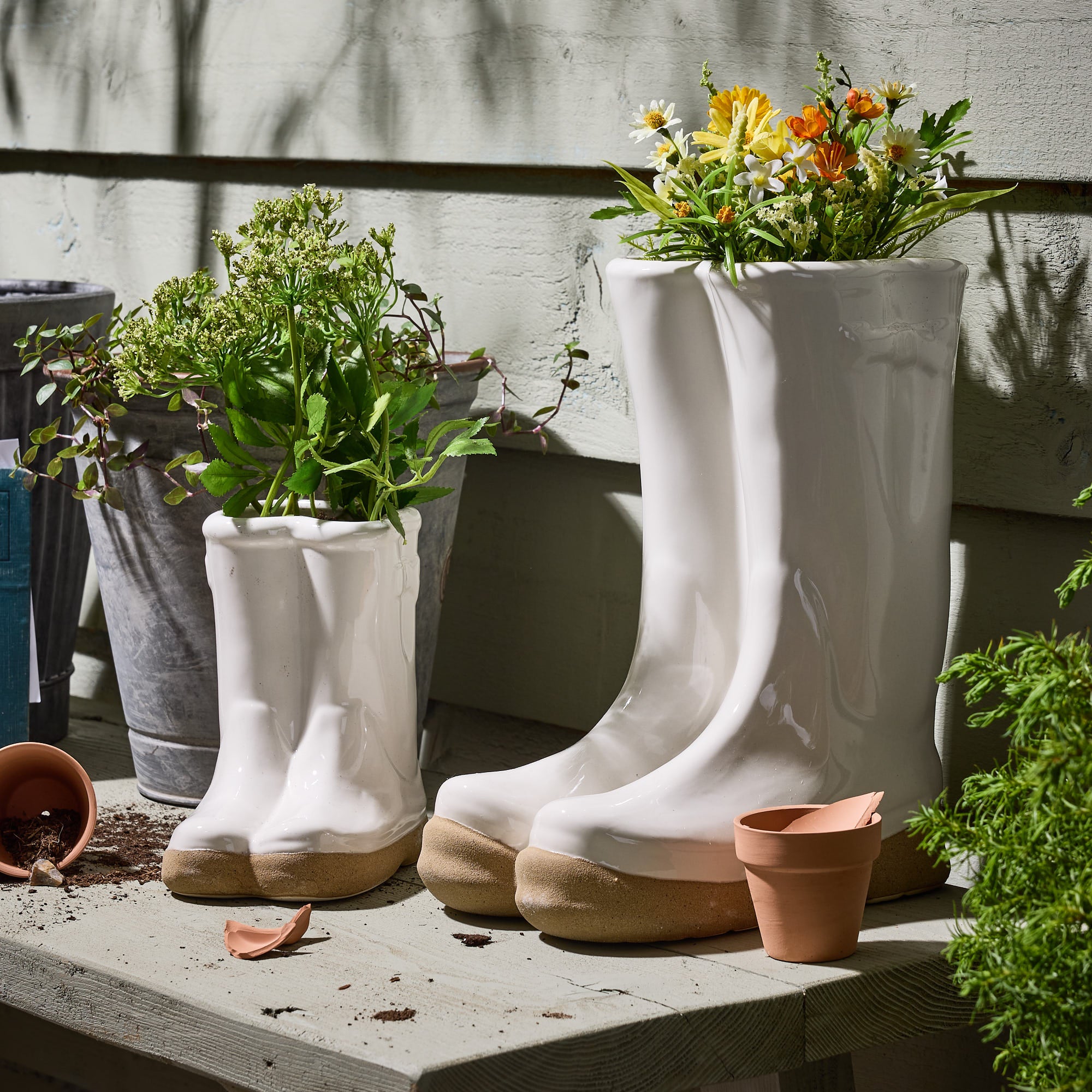 White Wellington Boot Planters - Evergreen Home Interiors