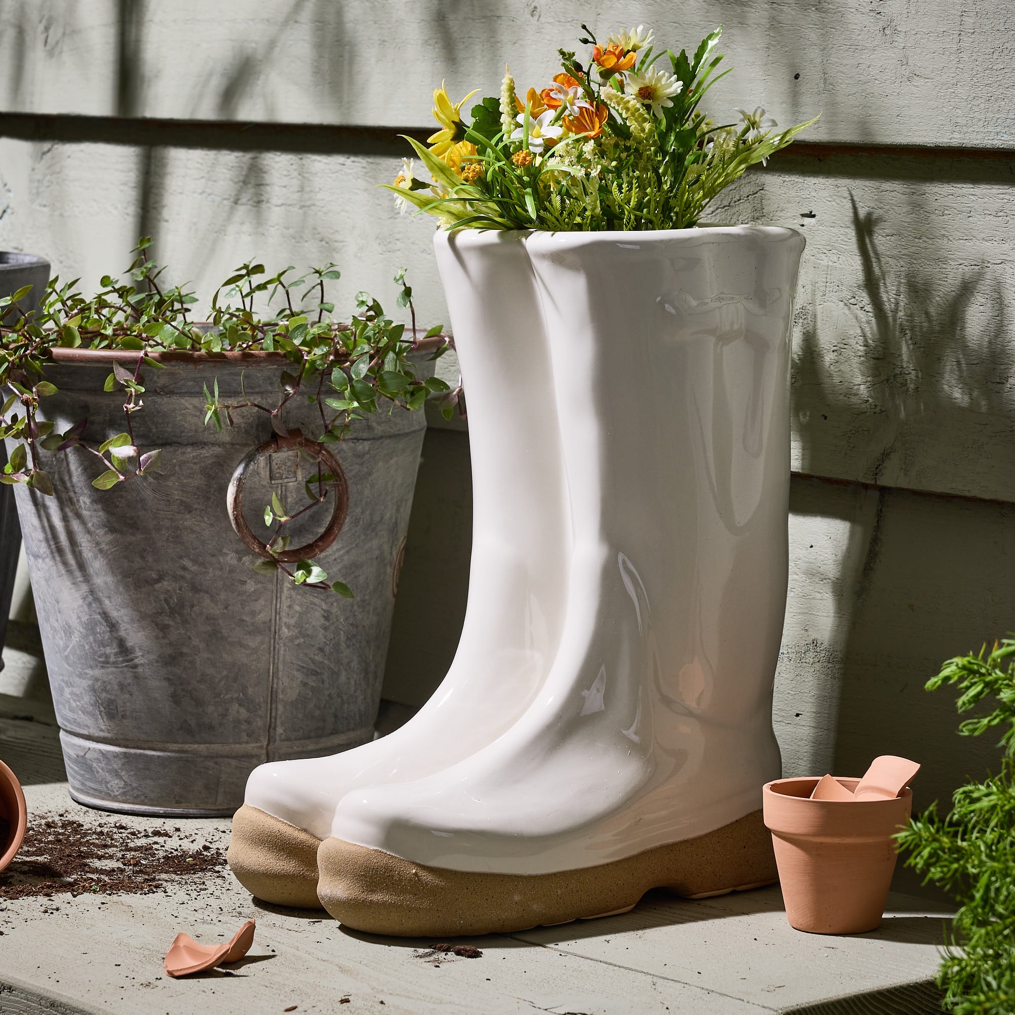 White Wellington Boot Planters - Evergreen Home Interiors