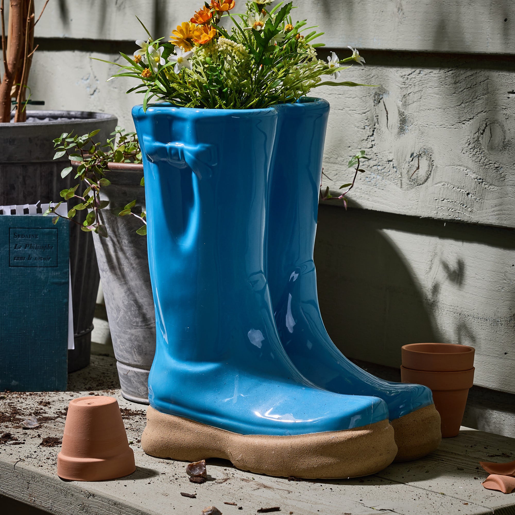 Light Blue Wellington Boot Planters - Evergreen Home Interiors