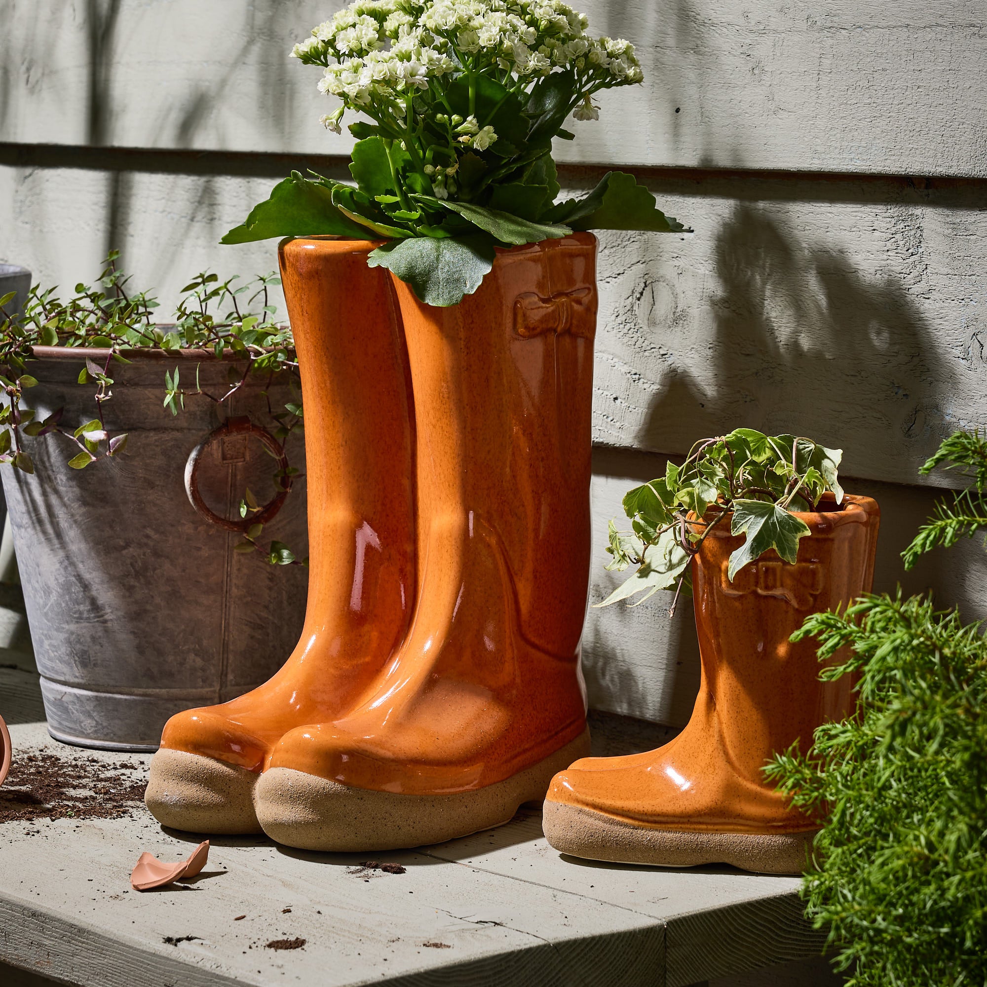 Orange Wellington Boot Planters - Evergreen Home Interiors
