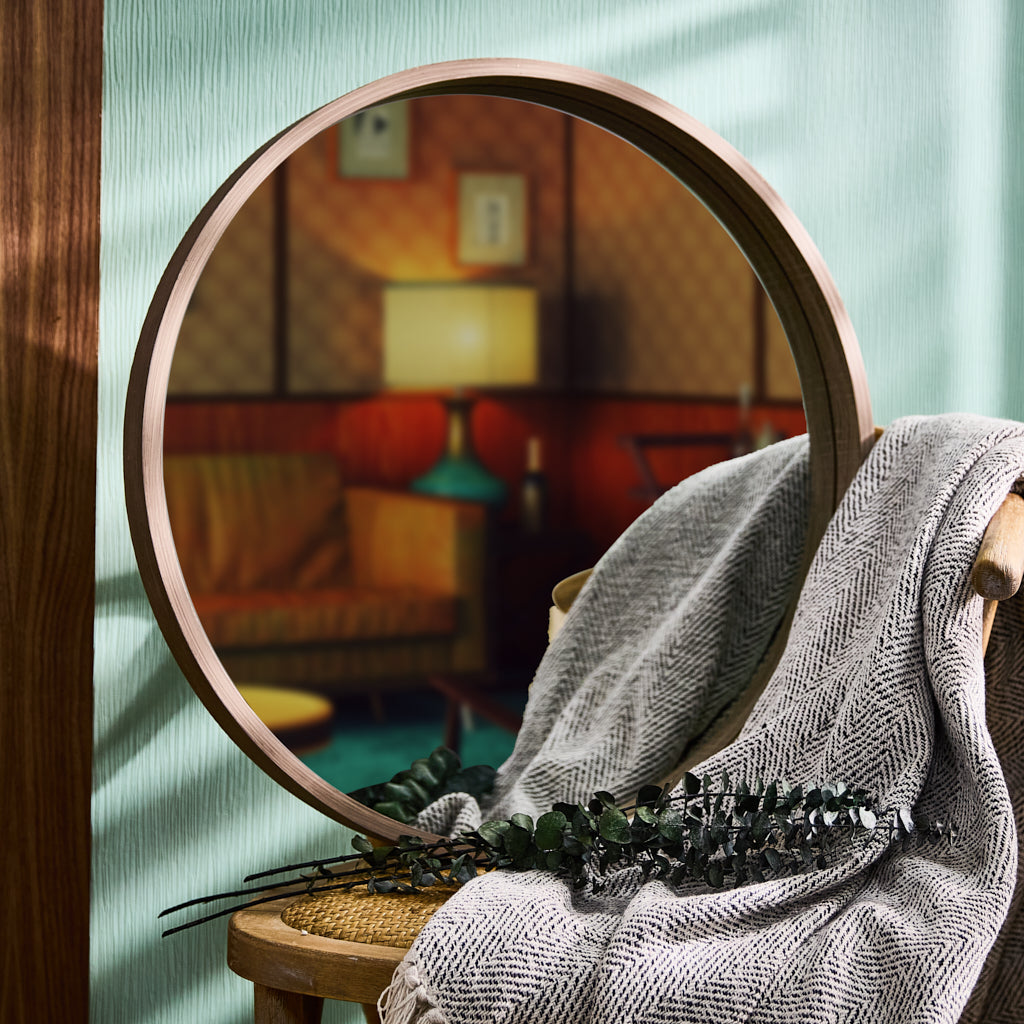 round wooden wall mirror