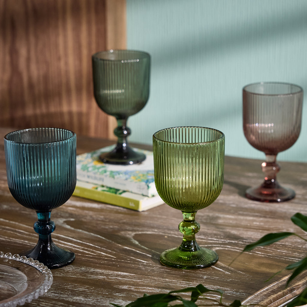 set of four ribbed wine goblet glasses