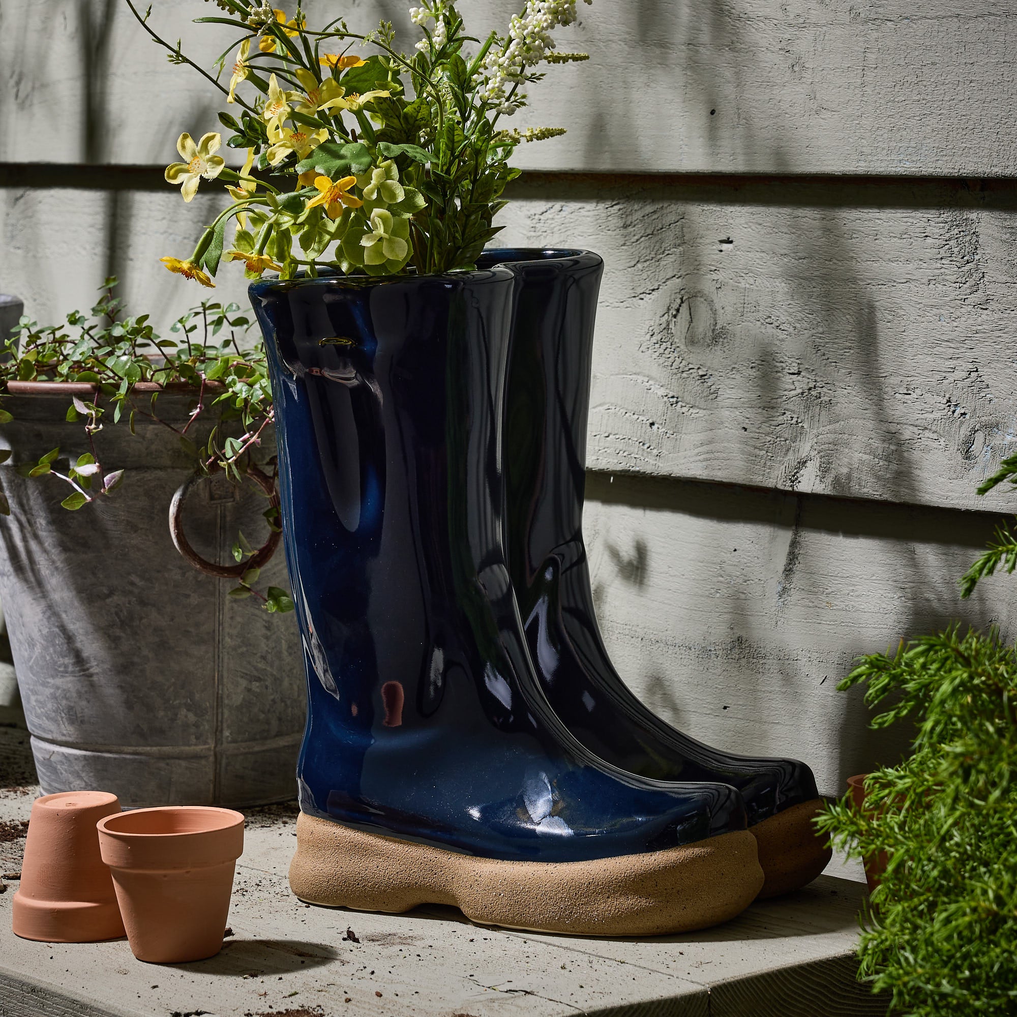 Midnight Blue Wellington Boot Planters - Evergreen Home Interiors 