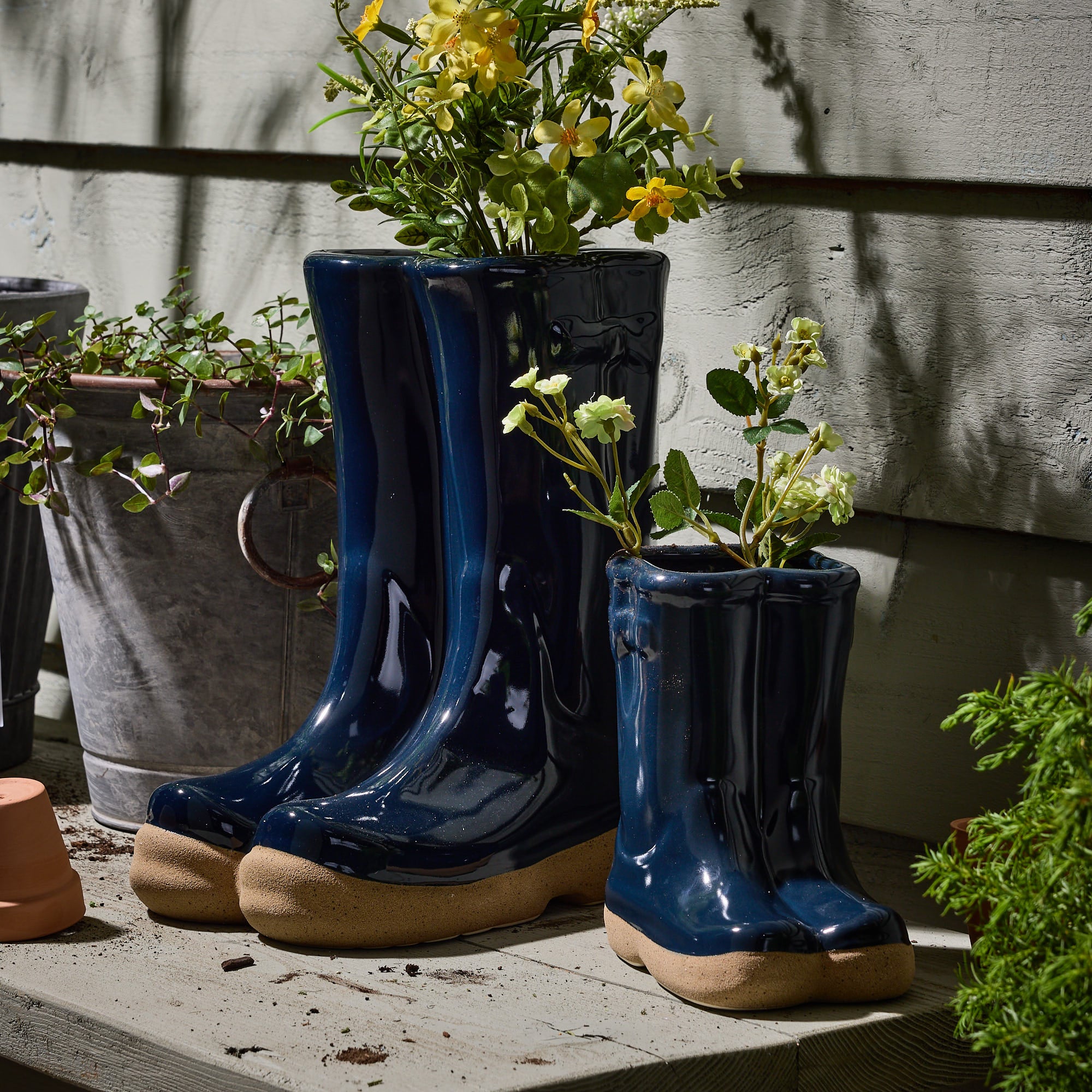 Midnight Blue Wellington Boot Planters - Evergreen Home Interiors 