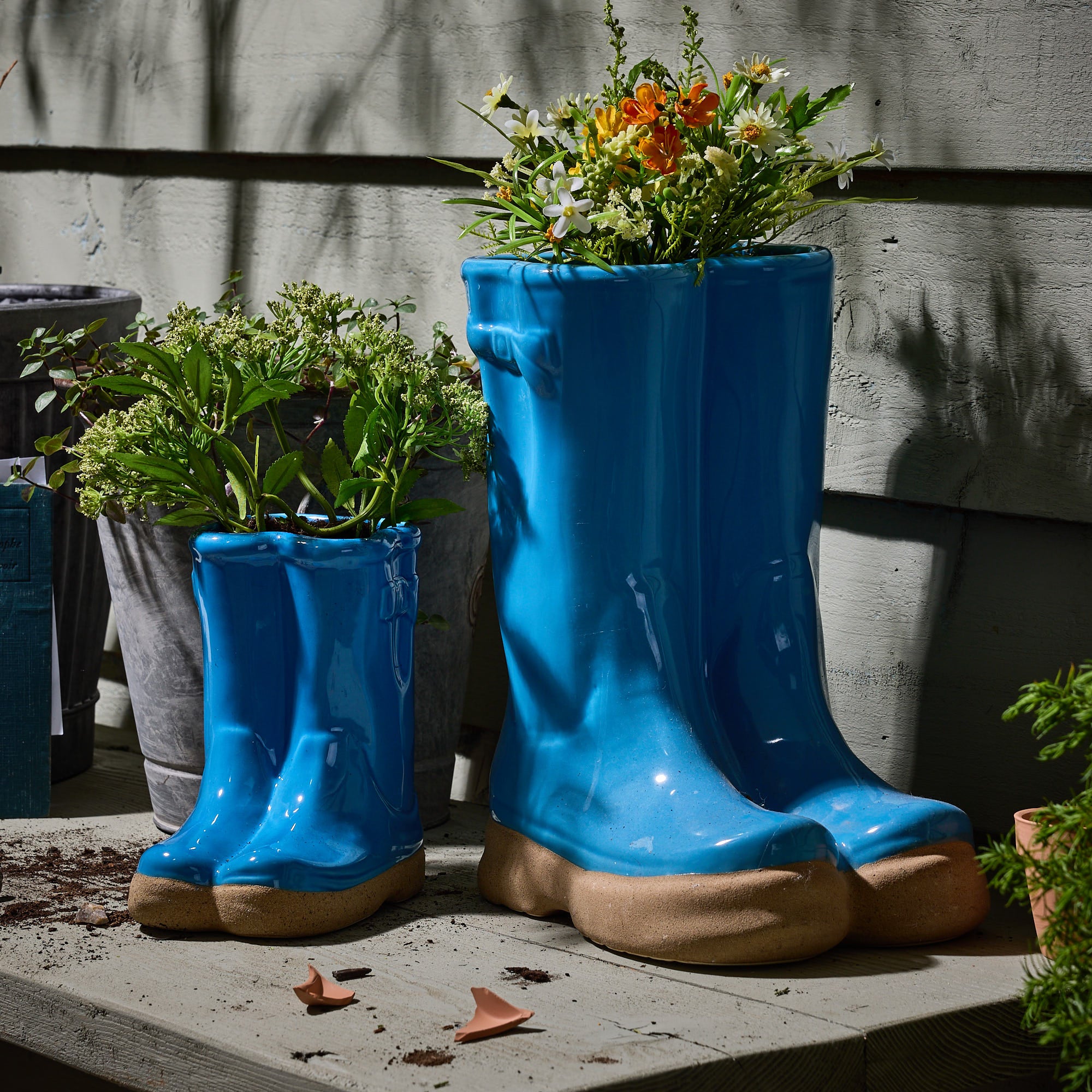 Light Blue Wellington Boot Planters - Evergreen Home Interiors 