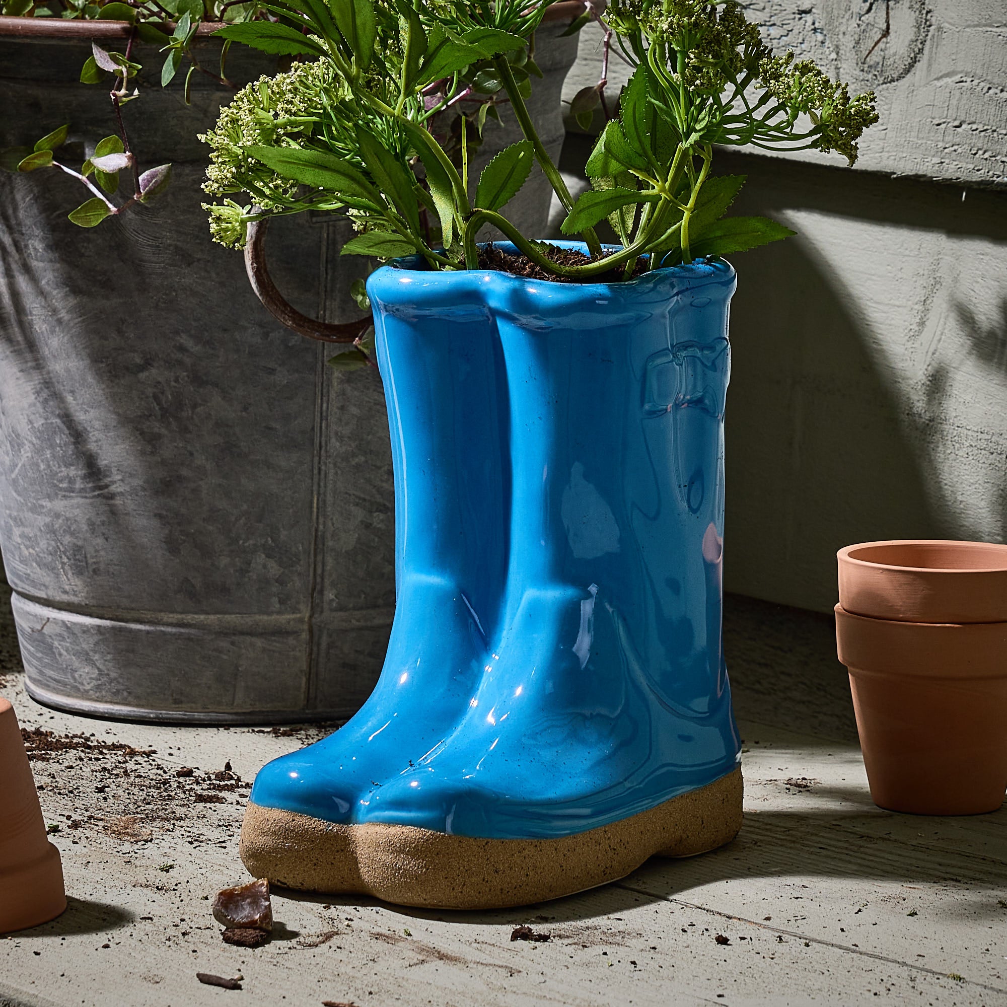 Light Blue Wellington Boot Planters - Evergreen Home Interiors 