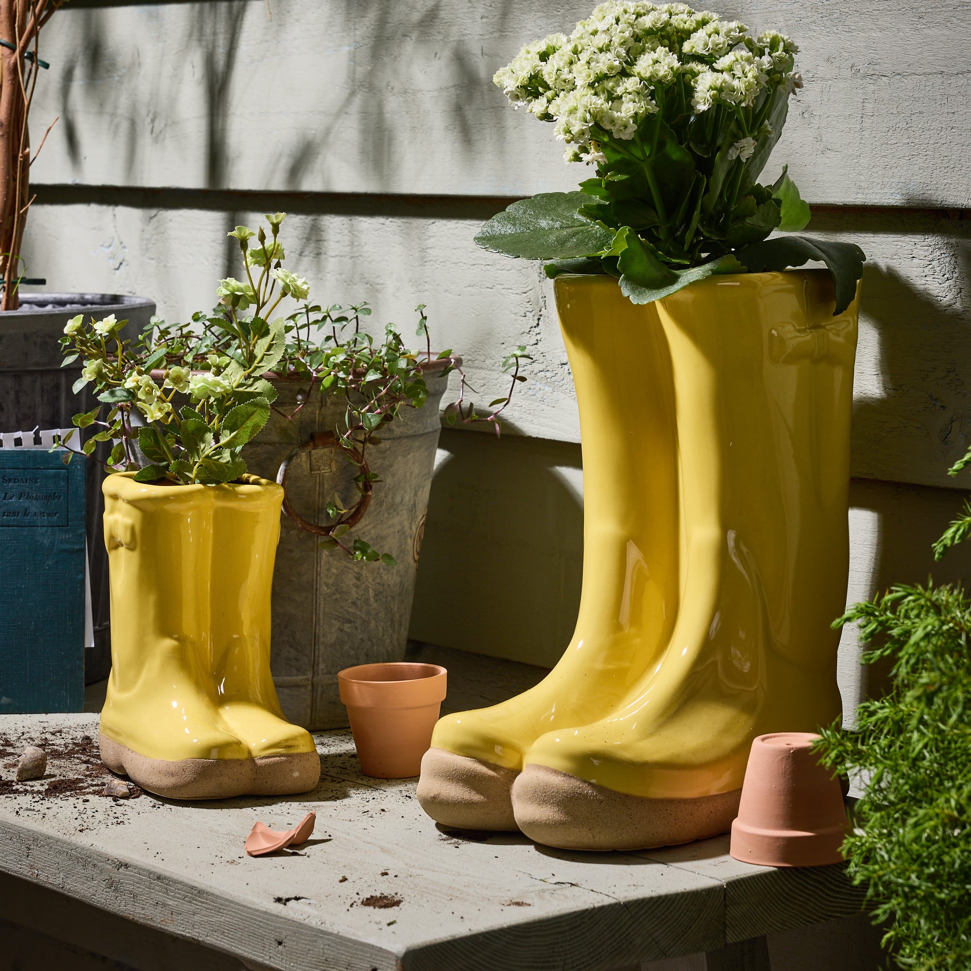 Yellow Wellington Boot Planters - Evergreen Home Interiors 