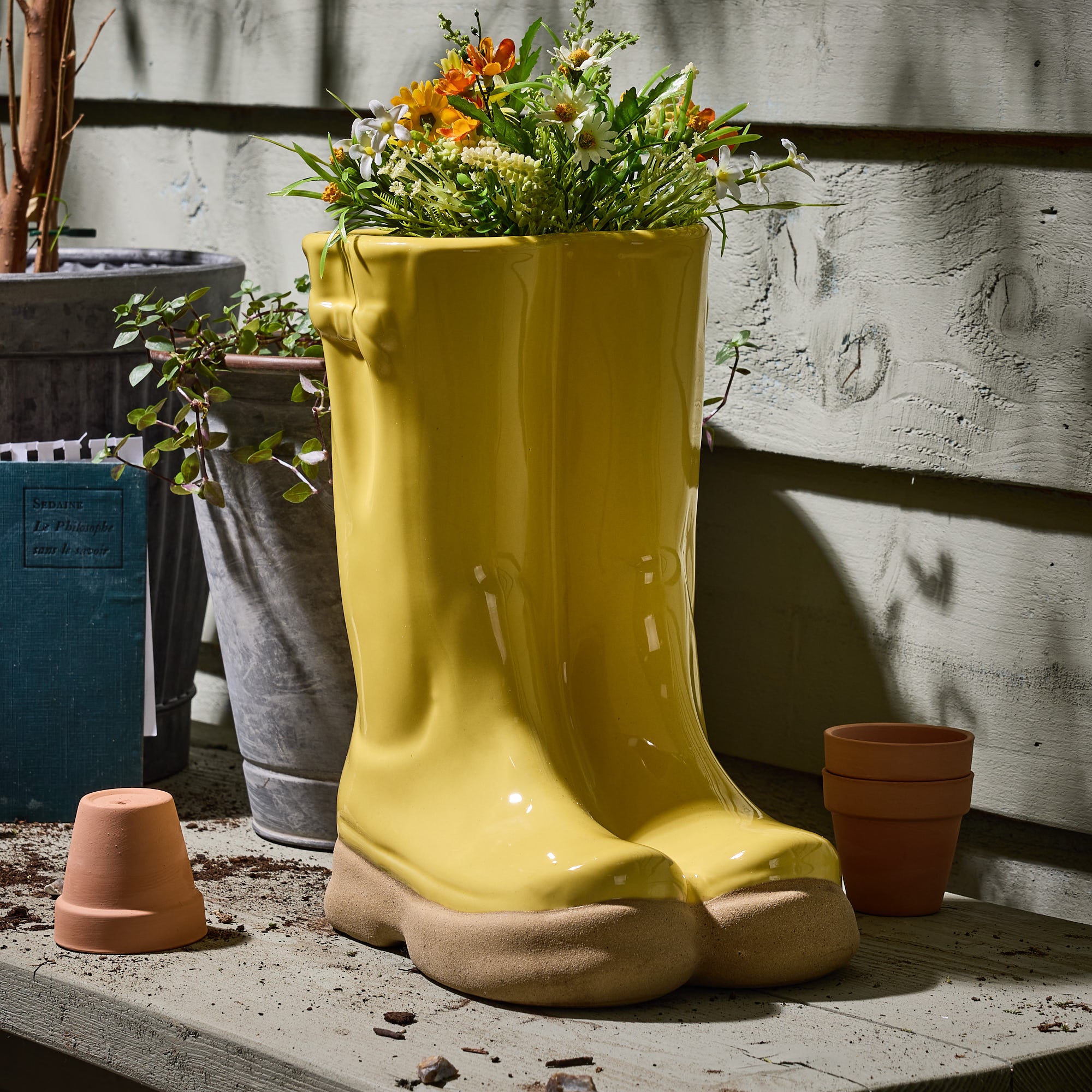Yellow Wellington Boot Planters - Evergreen Home Interiors 