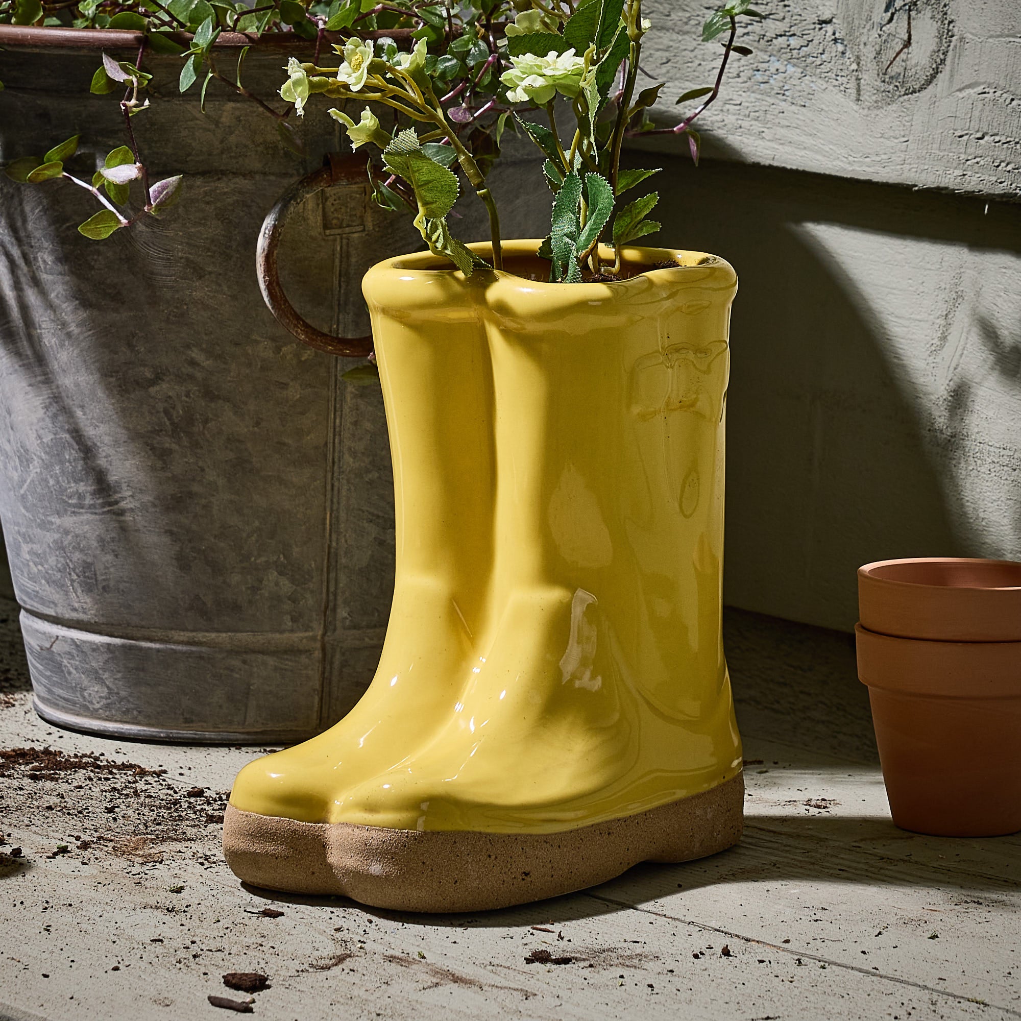 Yellow Wellington Boot Planters - Evergreen Home Interiors 